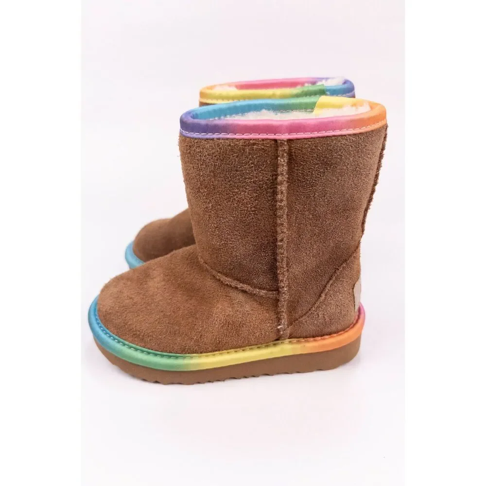 UGG Kids Classic Short II Rainbow Chestnut Suede Boots Toddler Girls Size 8